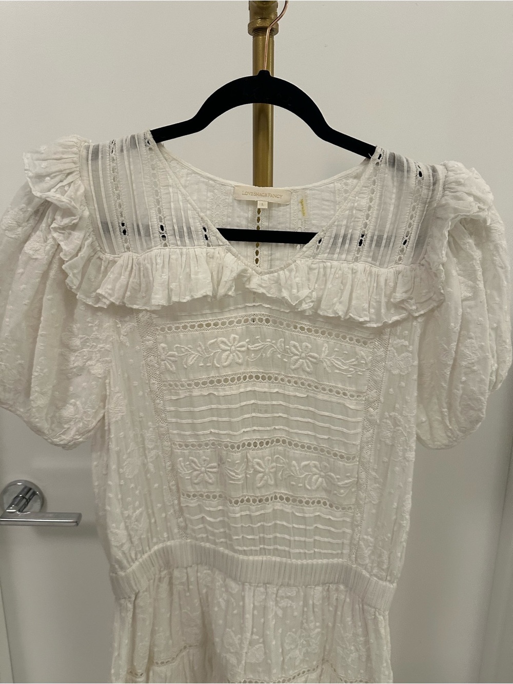 LoveShackFancy Sorelle White Eyelet Lace Ruffle Dress Size L